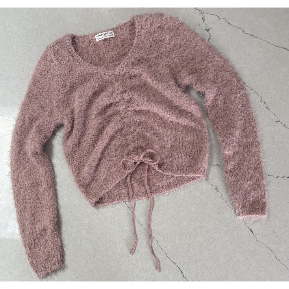 Made With Love Pink Fuzzy Drawstring Cropped V-Neck Sweater Size M Coquette Y2K